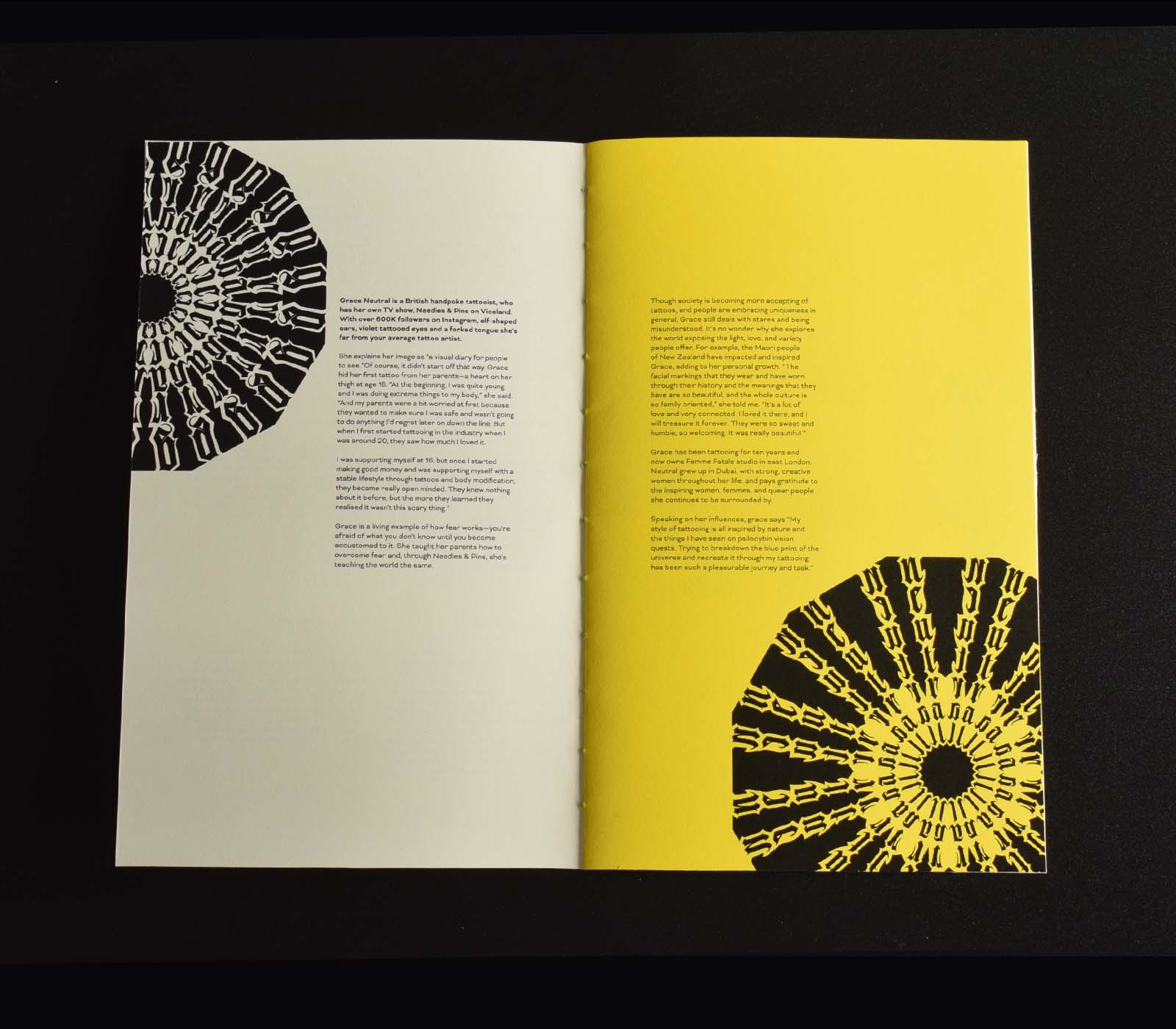 Booklet spread with typographic mandala